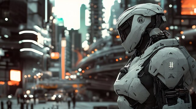 Futuristic Cityscape with Advanced Robotic Technology and Neon Lights Illuminating the Urban Landscape