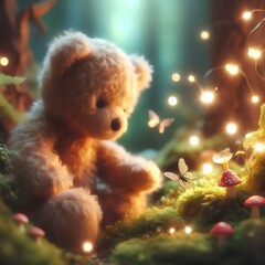 Fototapeta premium adorable plush teddy bear exploring a miniature fairy garden soft focus enchanted forest backdrop magical glowing fireflies whimsical and dreamy atmosphere.