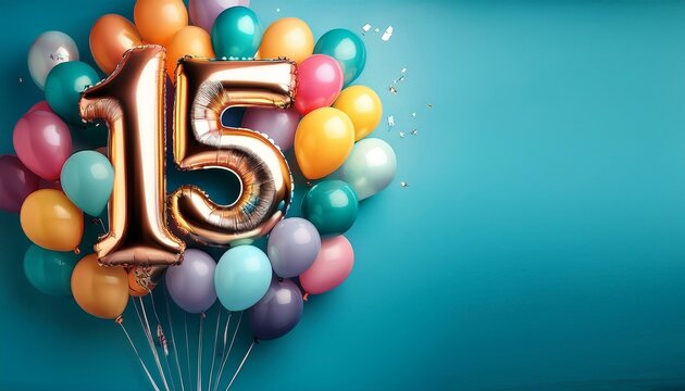 Banner with number 15 colorful balloons with copy space