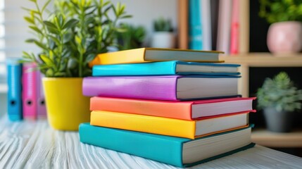 Colorful stacked books beside a vibrant plant on a wooden table.