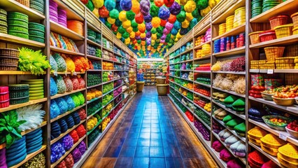 Fototapeta premium Aisle of Variety: Colorful Products Displayed on Shelves in a Large Retail Store Environment
