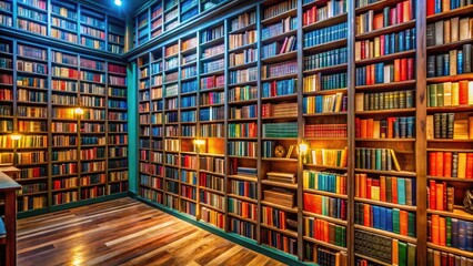 Fototapeta premium Aisles of Knowledge: Colorful Library Bookshelves Filled with Various Books and Literature Collections