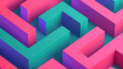Intricate 3D Maze Design, exploring abstract pathways in a vibrant flat illustration, inviting viewers to navigate through a visually captivating labyrinth.