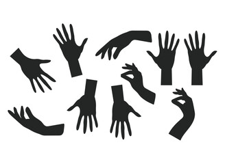 Set of flat hand icon designs showing ok gesture, peace, thumbs up, pointing to object, shaka, rock, holding magnifying glass, writing on white background. Creative assets for commercial needs