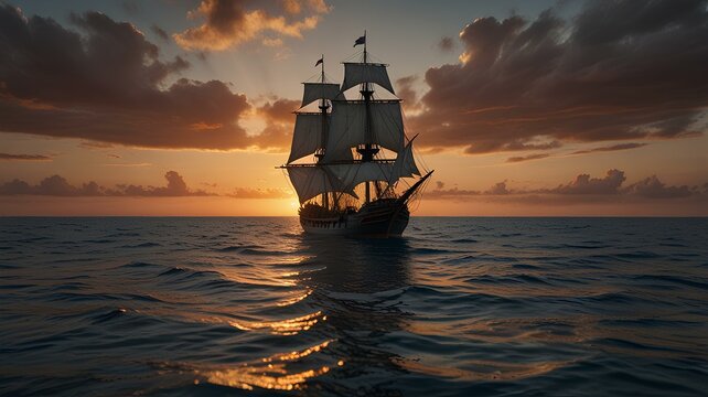 Ancient carrack sailing ship navigating calm ocean at sunset.