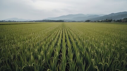 Large green rice field with green rice plants in rows. made with generative Ai	
