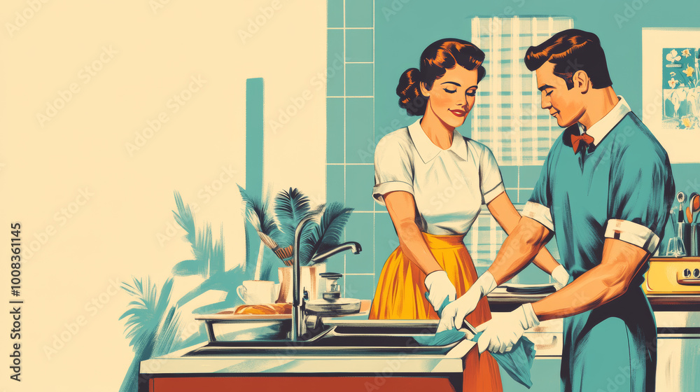 Wall mural A retro-style illustration showing a woman and her husband cleaning their home.