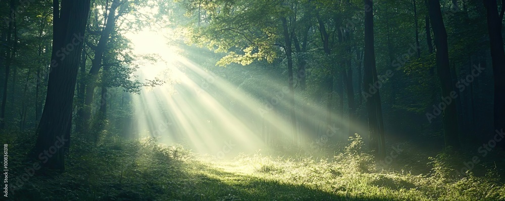 Aufkleber A serene forest scene with sunlight filtering through the trees, creating a tranquil and magical atmosphere.