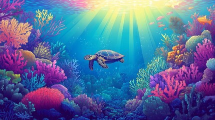 A sea turtle swims through vibrant coral reefs bathed in sunlight.