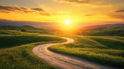 A serene winding road through lush green hills under a vibrant sunset sky, perfect for inspiring travel and nature themes.