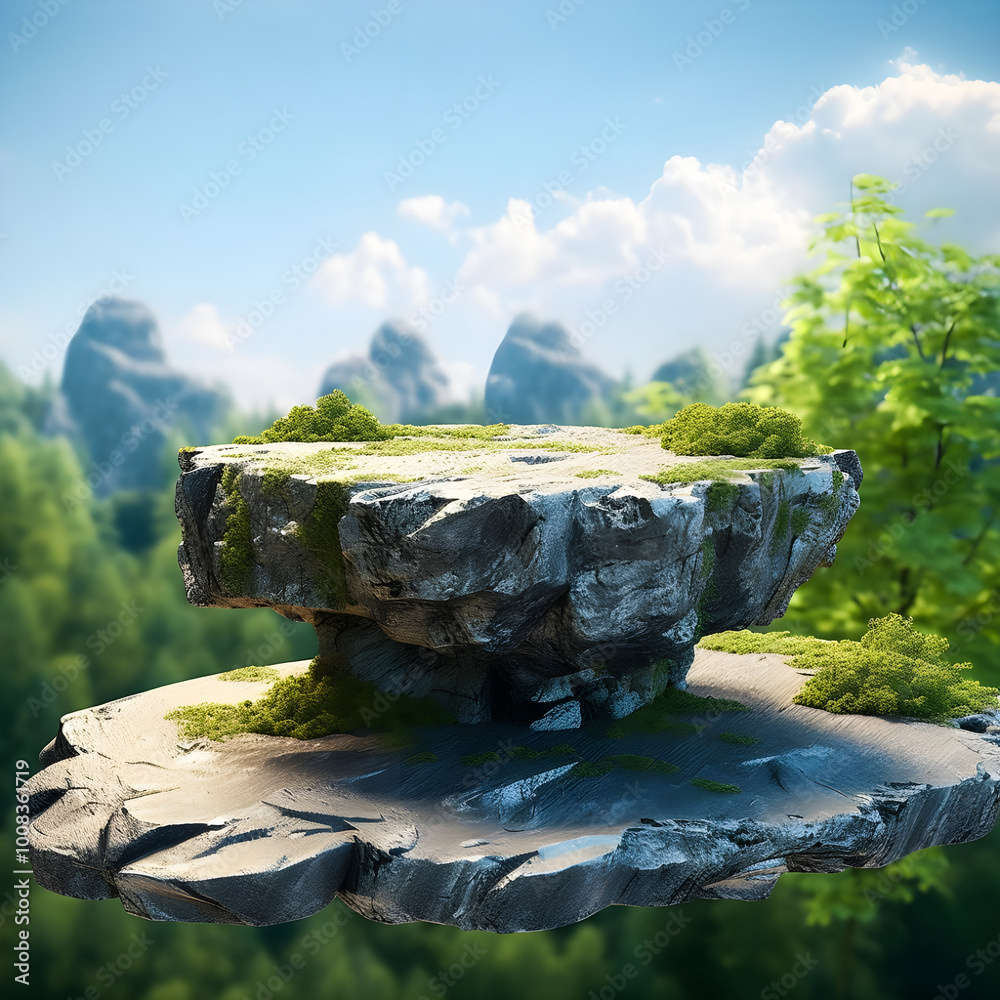 Wall mural photo flat small stone podium on rock platform 3d illustration gray rock pedestal for product displa