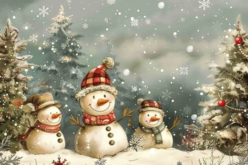 Obraz premium Winter Scene in Vintage Watercolor Style with Family of Snowmen, Scarves, Hats, and Snow-Covered Trees, Holiday Decorations, Muted Tones for a Serene Nostalgic Mood