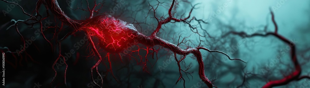 Aufkleber A close-up view of intricate neuron structures illuminated with a striking red hue against a dark and mysterious background.