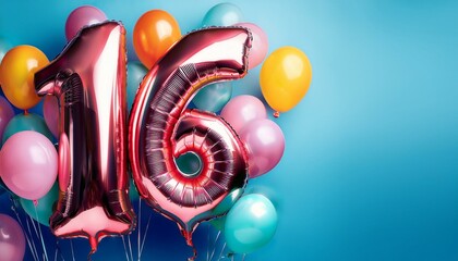 Banner with number 16 colorful balloons with copy space