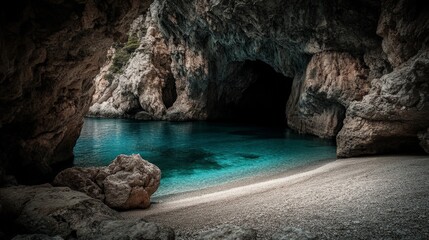 A secluded cove with crystal clear turquoise water and white sand beach, framed by towering cliffs.