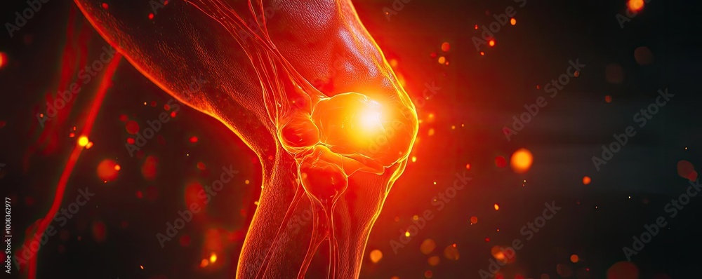 Poster a close-up view of a glowing knee joint, highlighting the intricacies of human anatomy with vivid co