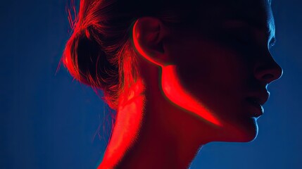 A striking silhouette of a woman with dramatic lighting highlighting her profile against a dark background.