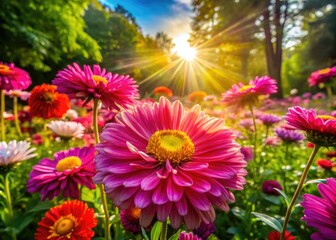 Fototapeta premium Asterales Flowering Plants with Vibrant Petals in a Natural Garden Setting Under Bright Sunlight