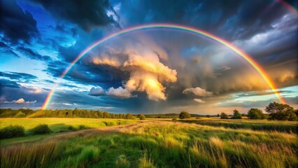 Fototapeta premium A Stunning Rainbow Arches Across the Sky After a Rain Shower in a Vibrant Natural Landscape