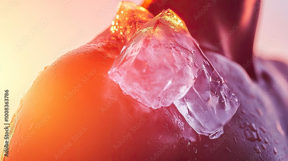 Poster a close-up image of ice resting on a shoulder, glistening in warm light, symbolizing coolness and re