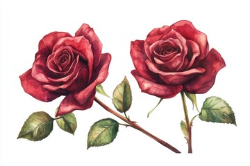 Fototapeta premium Elegant watercolor red roses with lush green leaves