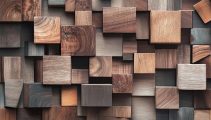 A wall of various sizes and shades of wood squares arranged in a random pattern.