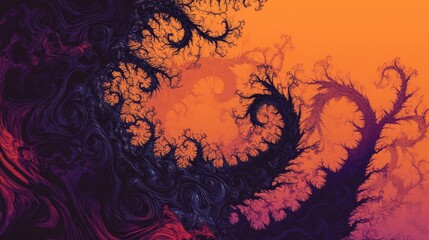 Dark, spiraling shapes curling into jagged, unnatural forms, overlaid on an orange and purple gradient, creating a haunting Halloween abstraction.