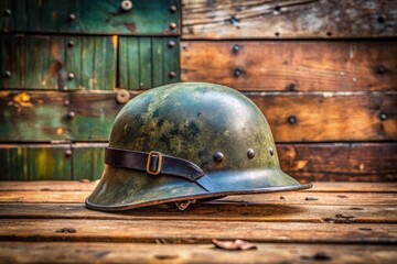 Obraz premium Authentic German WWII Helmet Displayed on Rustic Wooden Background with Historical Context