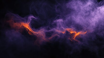 Dark, swirling forms with sharp edges in deep purple and neon orange, floating against a misty black backdrop, creating an unsettling Halloween atmosphere.