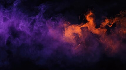 Fototapeta premium Dark, swirling forms with sharp edges in deep purple and neon orange, floating against a misty black backdrop, creating an unsettling Halloween atmosphere.