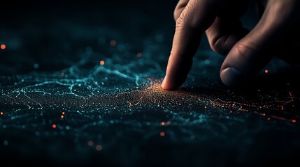 A hand touching a glowing digital network on a dark background.
