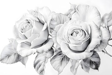 Detailed monochrome drawing of two elegant roses with leaves.