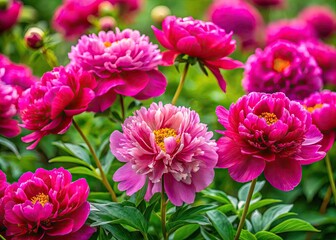 Obraz premium Beautiful blooming Paeonia flowers in vibrant colors against a blurred green garden background