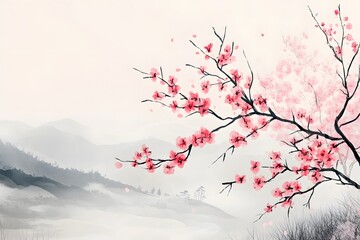 Serene landscape featuring a cherry blossom branch in soft hues.