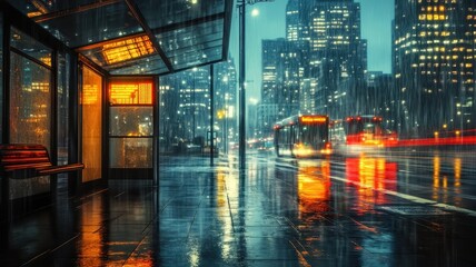 Modern public transport inside modern transparent shelter in rainy day,Typical Bus Stop that one can find all over city and suburbs. Contains with few seats to sit and wait in night time.