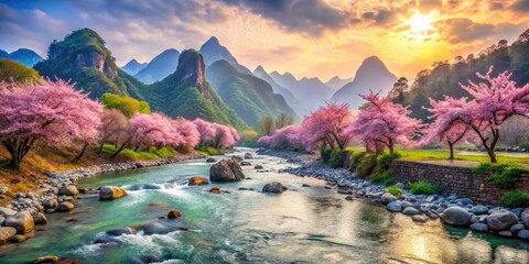Beautiful Chinese Watercolor Landscape with Mountains, River, Cherry Blossoms, and Tranquil Atmosphere