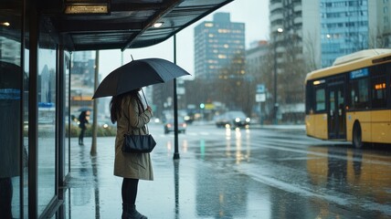 Obraz premium Young woman waiting for public transport inside modern transparent shelter,woman holding a umbrella and standing on a bus stop while waiting for a public transport on a rainy day at the night.