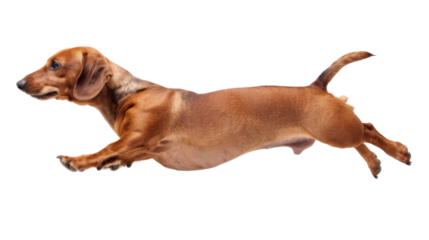 Dog dachshund running swiftly on white background