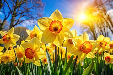 Obraz premium Beautiful Close-Up of Yellow Narcissus Flowers Blooming in a Garden Under Bright Sunlight in Spring