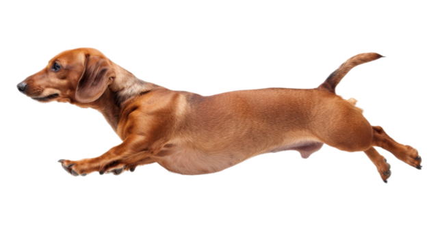 Dog dachshund running swiftly on white background