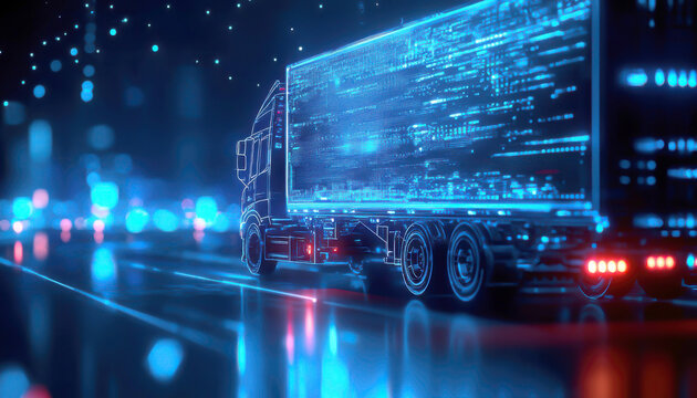 Futuristic truck with digital graphics on a neon-lit street, representing advanced transportation technology.