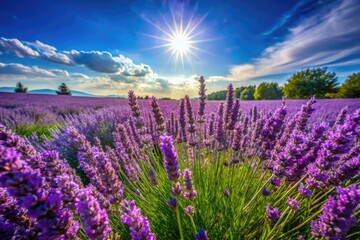 Obraz premium Beautiful French Lavender Fields in Bloom Under Clear Blue Skies and Bright Sunshine During Summer