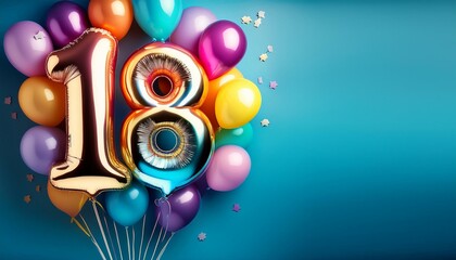 Banner with number 18 colorful balloons with copy space