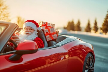 Santa Claus joyfully driving a red convertible with holiday gifts in winter. Generative AI