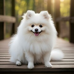 Fototapeta premium A white Pomeranian dog perched on a wooden bridge, exuding charm and tranquility in a picturesque setting.