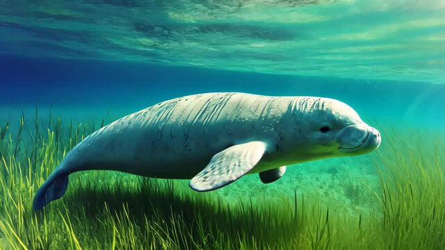 Dugong swimming in seagrass