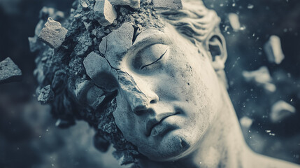 Zniszczona głowa greckiej statuy leży w nieładzie, rozbita na fragmenty, które zdają się krzyczeć o utracie nie tylko formy, ale i znaczenia. 