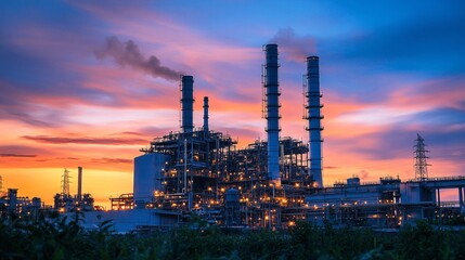 Obraz premium A stunning view of an oil refinery illuminated at night, showcasing its towering chimneys and pipes against a vibrant sunset sky, highlighting the industrial energy production and environmental impact