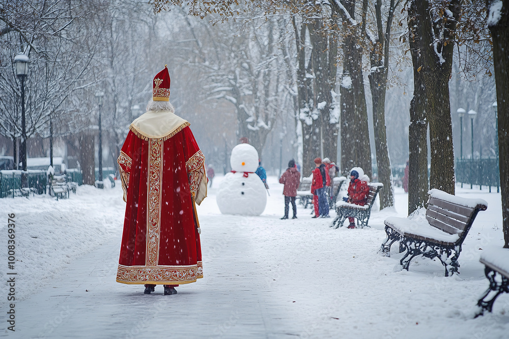 Poster Peaceful Walk with Saint Nicholas in a Snowy Park  