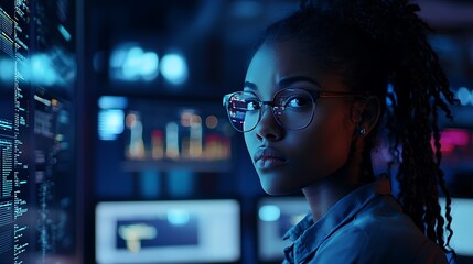 Cybersecurity expert, an African American woman, analyzes threats in dark office.